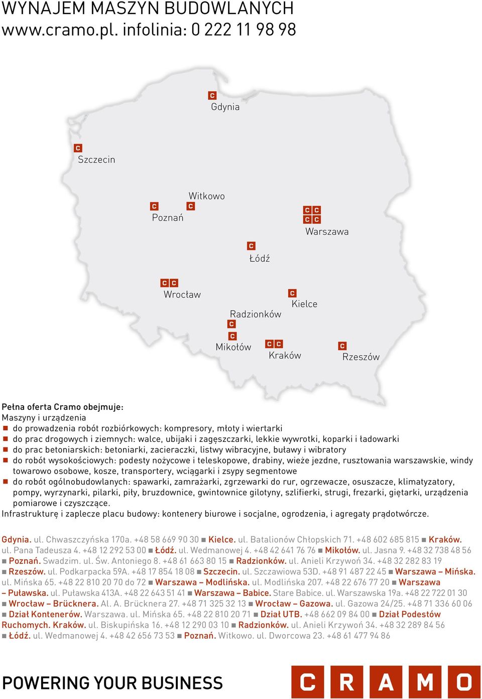 rozbiórkowych: kompresory, młoty i wiertarki do prac drogowych i ziemnych: walce, ubijaki i zagęszczarki, lekkie wywrotki, koparki i ładowarki do prac betoniarskich: betoniarki, zacieraczki, listwy