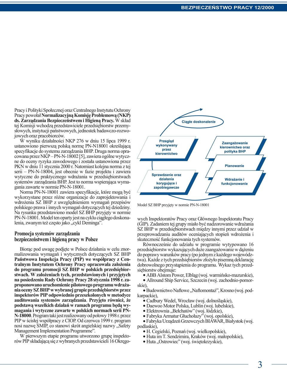 W wyniku dzia³alnoœci NKP 276 w dniu 15 lipca 1999 r. ustanowiono pierwsz¹ polsk¹ normê PN-N18001 okreœlaj¹c¹ specyfikacje do systemu zarz¹dzania BHP.