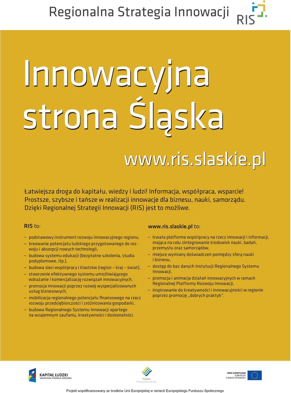 RIS to: podstawowy instrument rozwoju innowacyjnego regionu, kreowanie potencjału ludzkiego przygotowanego do rozwoju i absorpcji nowych technologii, budowa systemu edukacji (bezpłatne szkolenia,