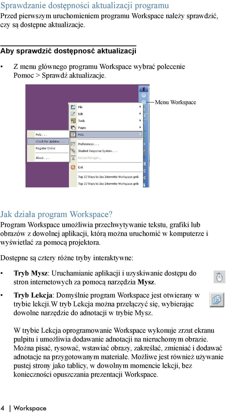 Program Workspace umożliwia przechwytywanie tekstu, grafiki lub obrazów z dowolnej aplikacji, którą można uruchomić w komputerze i wyświetlać za pomocą projektora.