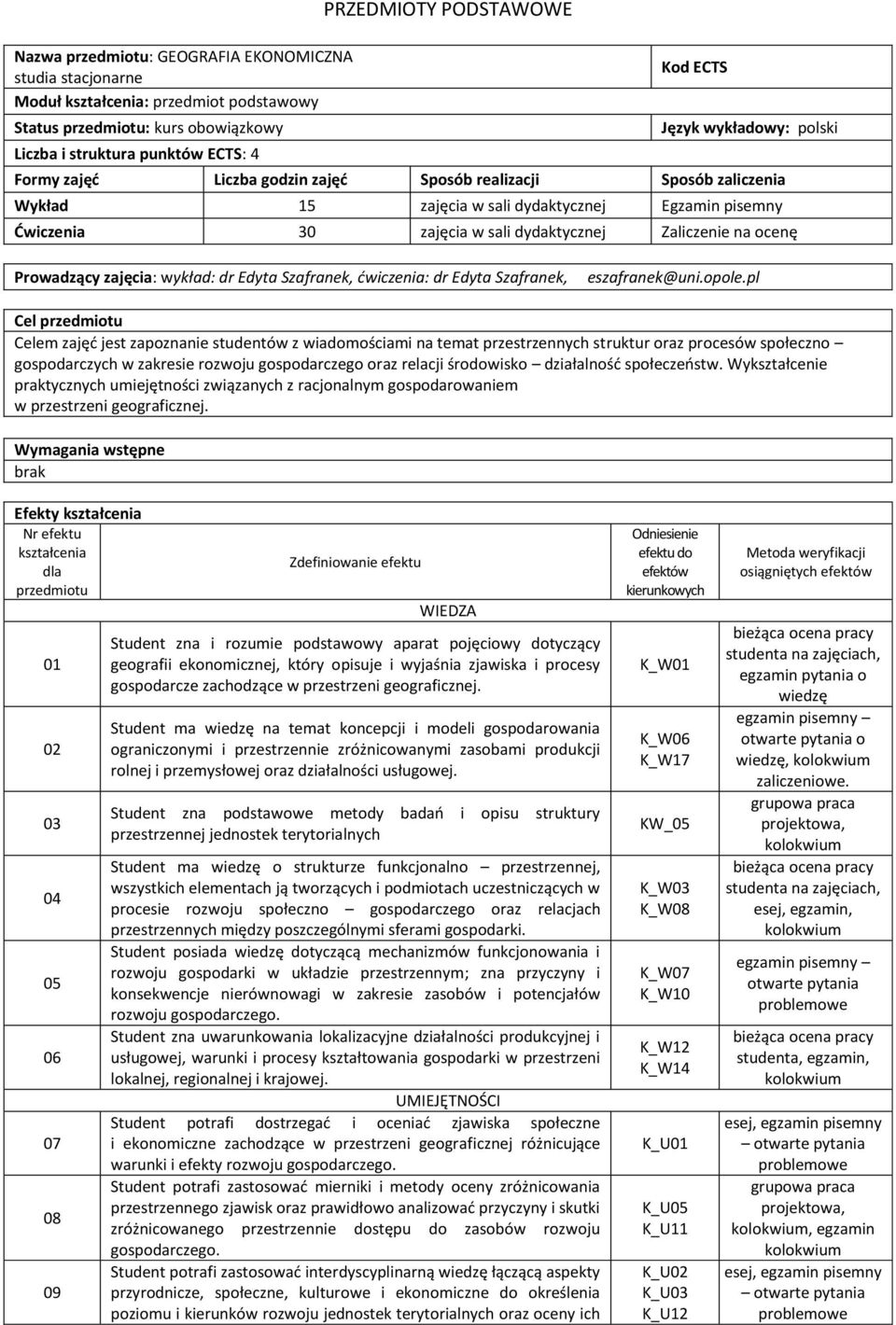 na ocenę Prowadzący zajęcia: wykład: dr Edyta Szafranek, ćwiczenia: dr Edyta Szafranek, eszafranek@uni.opole.