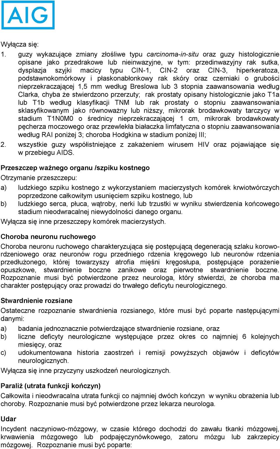 oraz CIN-3, hiperkeratoza, podstawnokomórkowy i płaskonabłonkowy rak skóry oraz czerniaki o grubości nieprzekraczającej 1,5 mm według Breslowa lub 3 stopnia zaawansowania według Clarka, chyba że