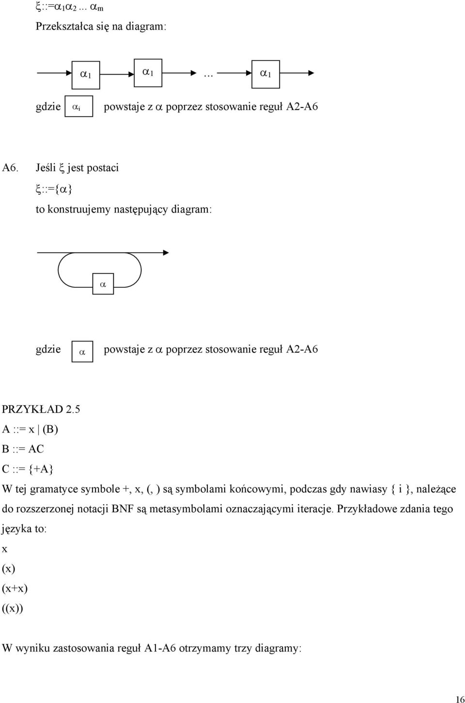 5 A ::= x (B) B ::= AC C ::= {+A} W tej gramatyce symbole +, x, (, ) są symbolami końcowymi, podczas gdy nawiasy { i }, należące do