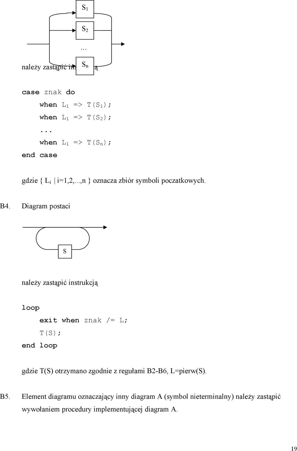 Diagram postaci S należy zastąpić instrukcją loop exit when znak /= L; T(S); end loop gdzie T(S) otrzymano zgodnie z