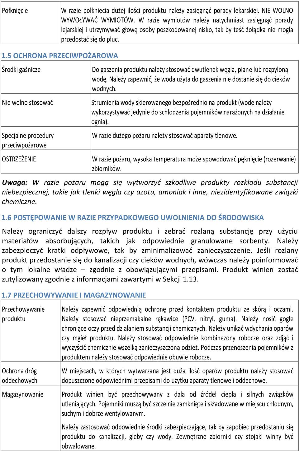 5 OCHRONA PRZECIWPOŻAROWA Środki gaśnicze Nie wolno stosować Specjalne procedury przeciwpożarowe OSTRZEŻENIE Do gaszenia produktu należy stosować dwutlenek węgla, pianę lub rozpyloną wodę.