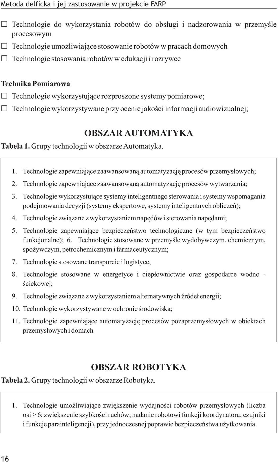 audiowizualnej; OBSZAR AUTOMATYKA Tabela 1. Grupy technologii w obszarzeautomatyka. 1. Technologie zapewniaj¹ce zaawansowan¹ automatyzacjê procesów przemys³owych; 2.