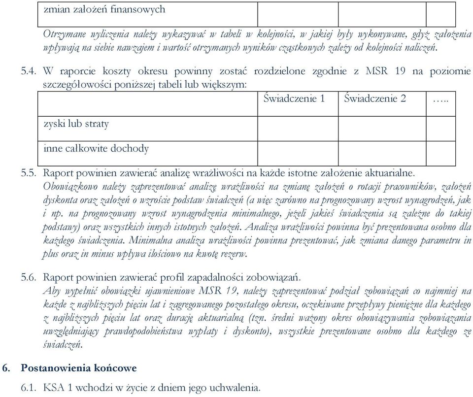 . zyski lub straty inne całkowite dochody 5.5. Raport powinien zawierać analizę wrażliwości na każde istotne założenie aktuarialne.