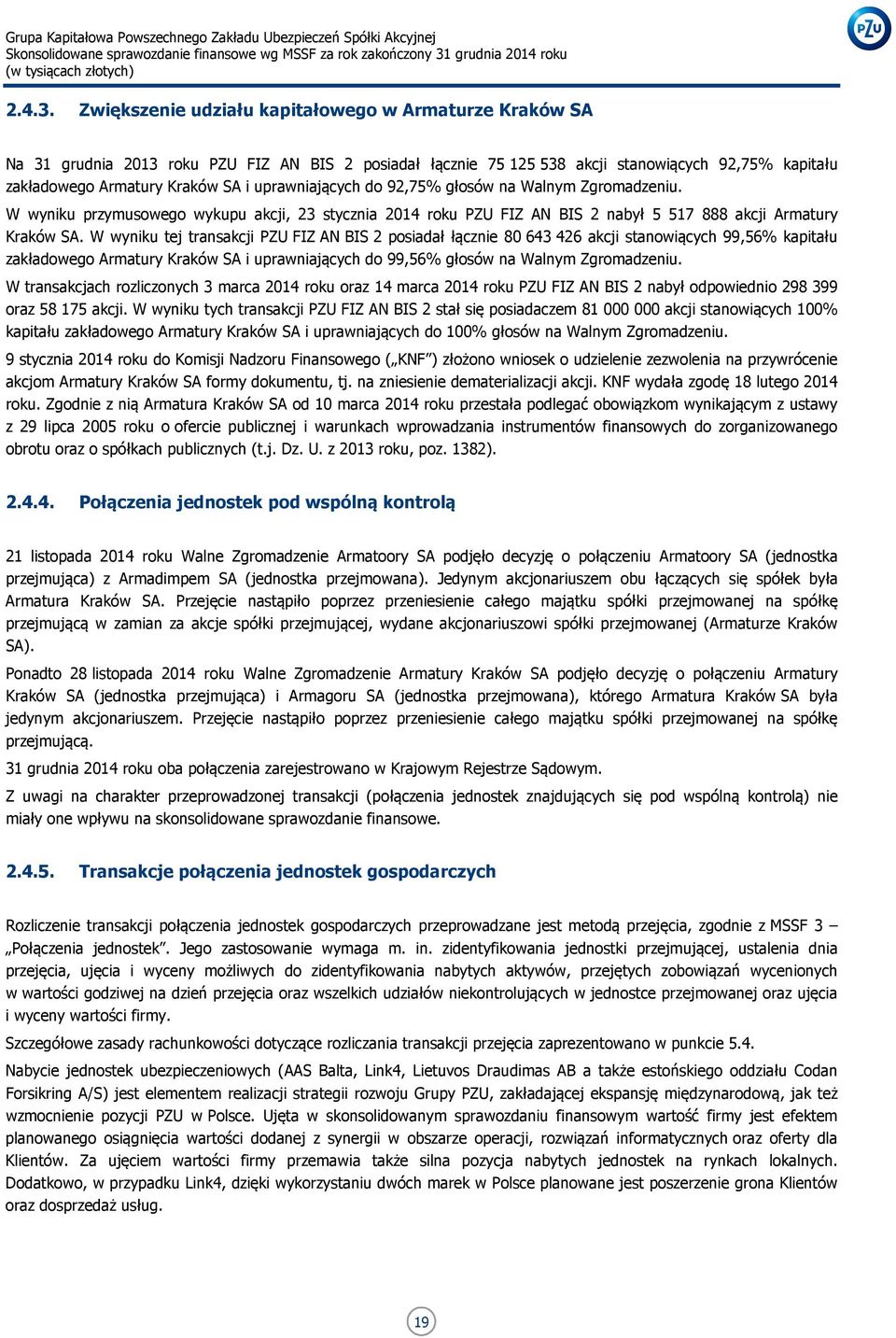 uprawniających do 92,75% głosów na Walnym Zgromadzeniu. W wyniku przymusowego wykupu akcji, 23 stycznia 2014 roku PZU FIZ AN BIS 2 nabył 5 517 888 akcji Armatury Kraków SA.