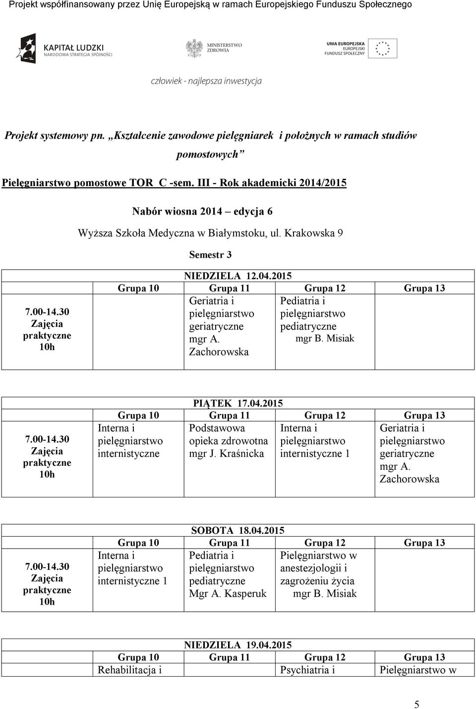 2015 Pielęgniarstwo w internistyczne 1 pediatryczne Mgr A. Kasperuk NIEDZIELA 19.