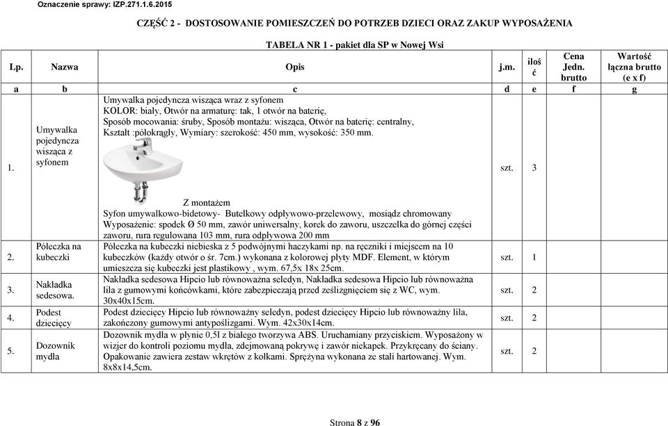 na baterię: centralny, Kształt :półokrągły, Wymiary: szerokość: 450 mm, ysokość: 350 mm. 3. 3. 4. 5. Półeczka na kubeczki Nakładka sedesoa.