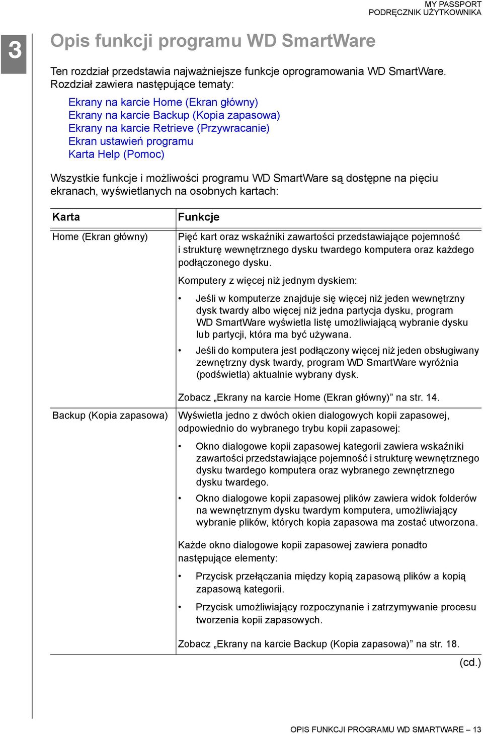 Wszystkie funkcje i możliwości programu WD SmartWare są dostępne na pięciu ekranach, wyświetlanych na osobnych kartach: Karta Home (Ekran główny) Backup (Kopia zapasowa) Funkcje Pięć kart oraz
