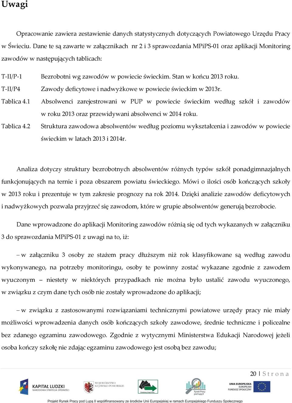 T-II/P4 Zawdy deficytwe i nadwyżkwe w pwiecie świeckim w 2013r. Tablica 4.1 Abslwenci zarejestrwani w PUP w pwiecie świeckim według szkół i zawdów w rku 2013 raz przewidywani abslwenci w 2014 rku.