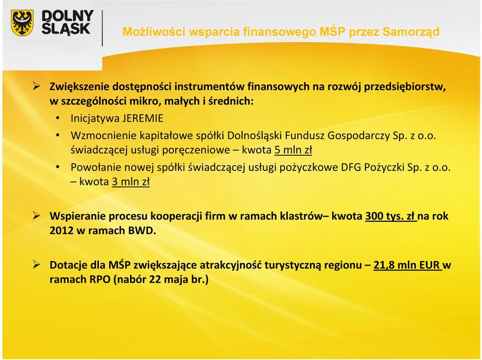 nienie kapitałowe spółki Dolnośląski Fundusz Gospodarczy Sp. z o.o. świadczącej usługi poręczeniowe kwota 5 mln zł Powołanie nowej spółki świadczącej usługi pożyczkowe DFG Pożyczki Sp.