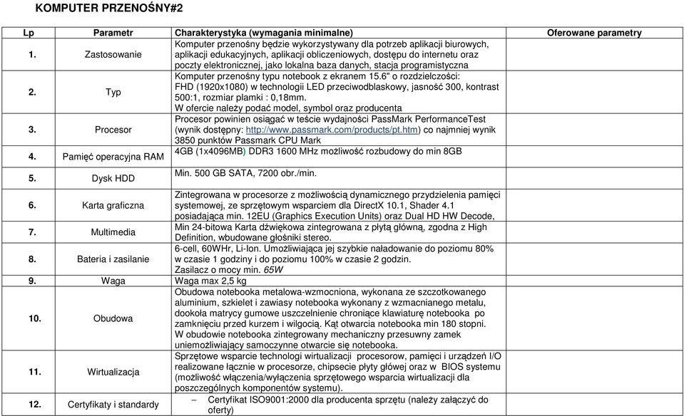 baza danych, stacja programistyczna 2. Typ Komputer przenośny typu notebook z ekranem 15.