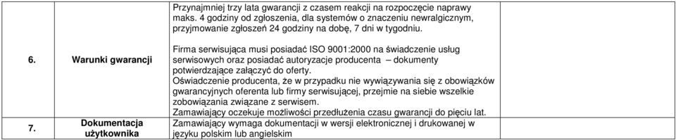 Dokumentacja użytkownika Firma serwisująca musi posiadać ISO 9001:2000 na świadczenie usług serwisowych oraz posiadać autoryzacje producenta dokumenty potwierdzające załączyć do oferty.