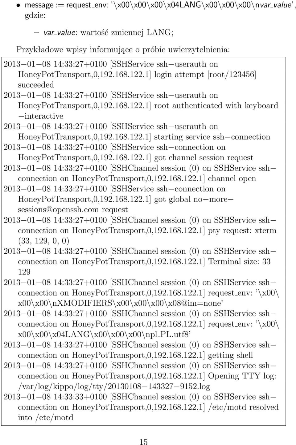 168.122.1] starting service ssh connection 2013 01 08 14:33:27+0100 [SSHService ssh connection on HoneyPotTransport,0,192.168.122.1] got channel session request 2013 01 08 14:33:27+0100 [SSHChannel session (0) on SSHService ssh connection on HoneyPotTransport,0,192.
