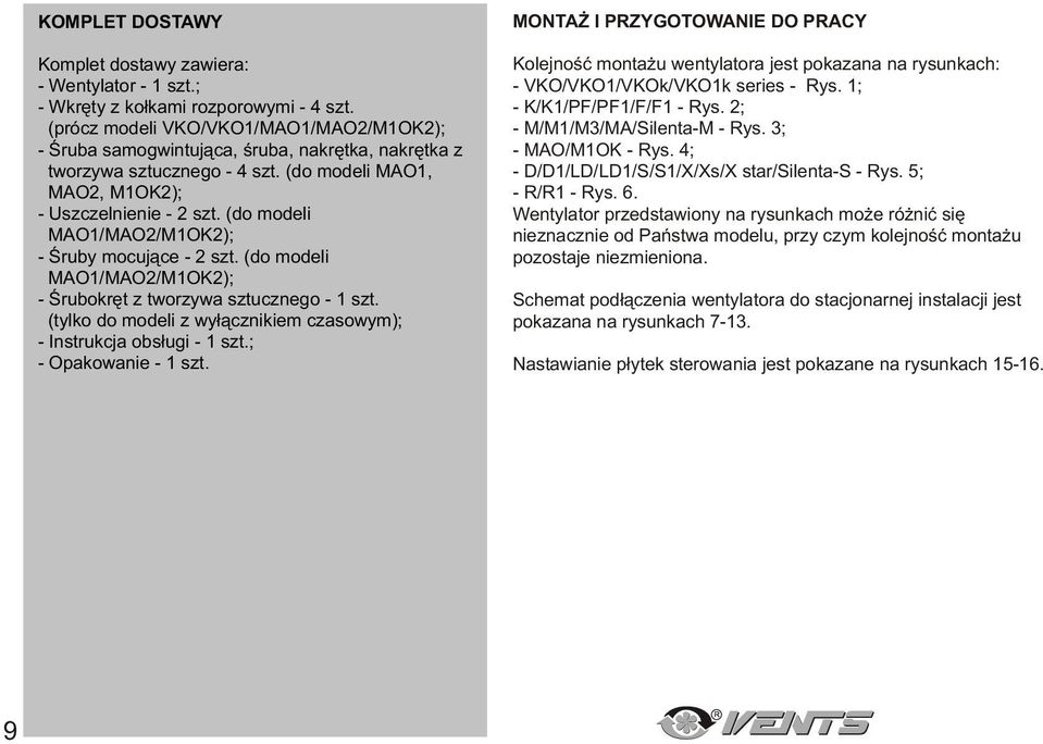 (do modeli MAO1/MAO2/M1OK2); - Úruy mocujce - 2 szt. (do modeli MAO1/MAO2/M1OK2); - Úruokræt z tworzyw sztucznego - 1 szt. (tylko do modeli z wyùcznikiem czsowym); - Instrukcj osùugi - 1 szt.