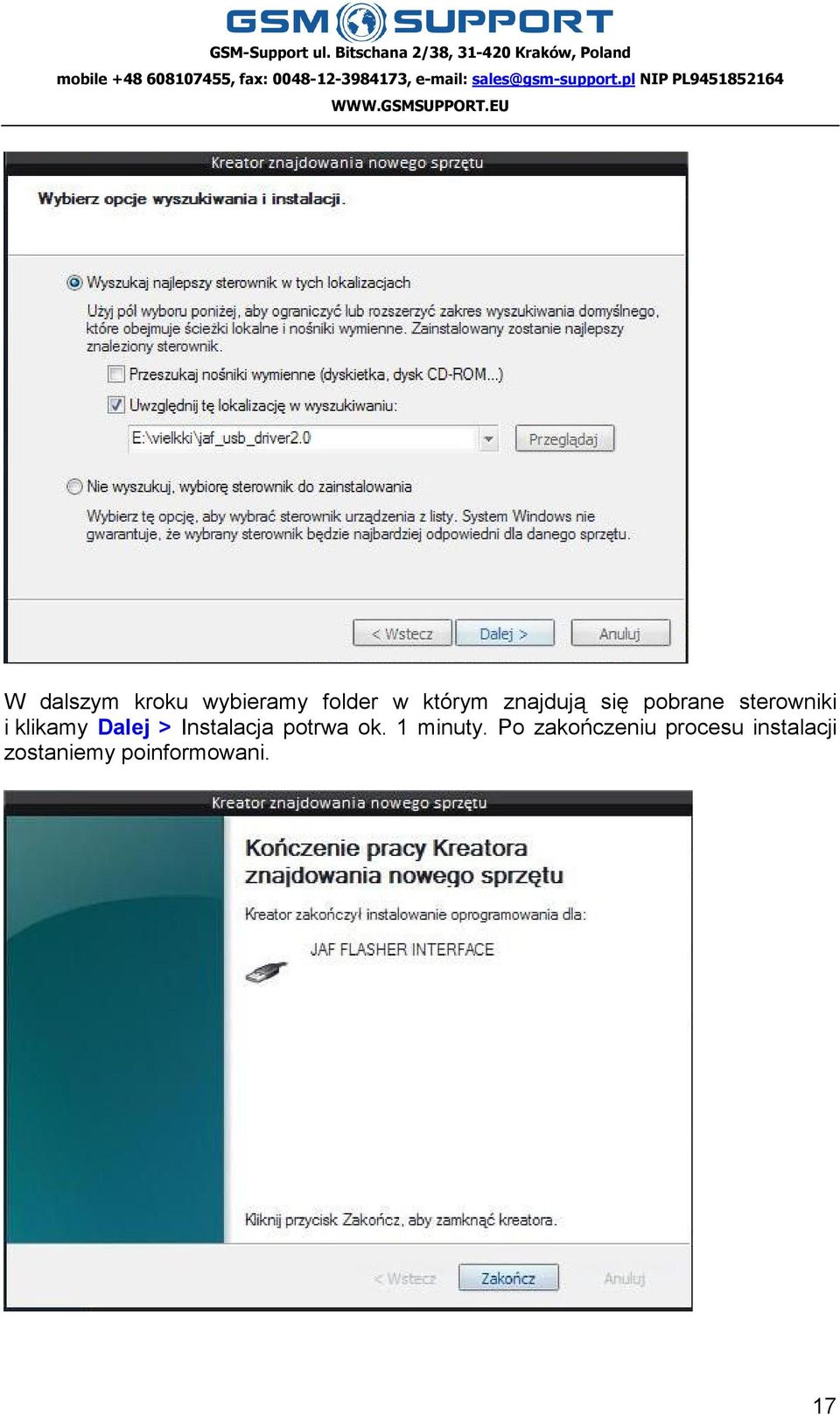 Dalej > Instalacja potrwa ok. 1 minuty.