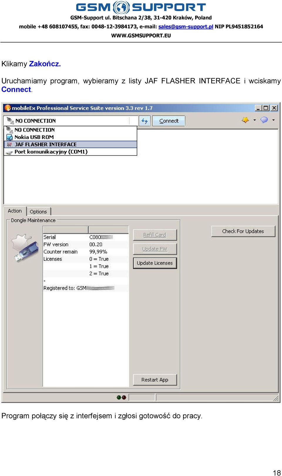 JAF FLASHER INTERFACE i wciskamy Connect.