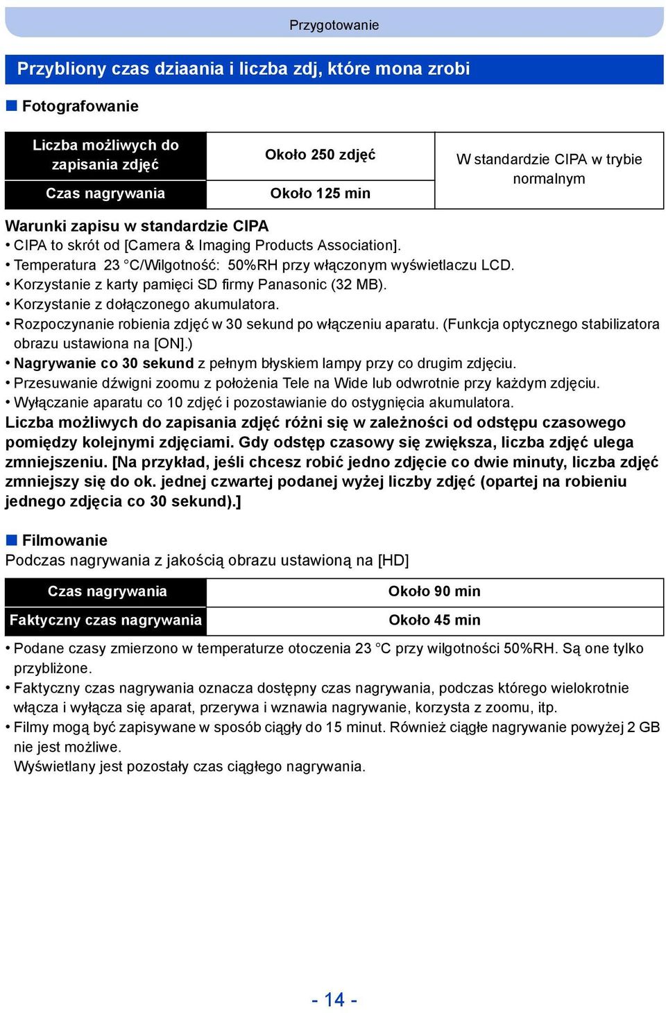 Korzystanie z karty pamięci SD firmy Panasonic (32 MB). Korzystanie z dołączonego akumulatora. Rozpoczynanie robienia zdjęć w 30 sekund po włączeniu aparatu.