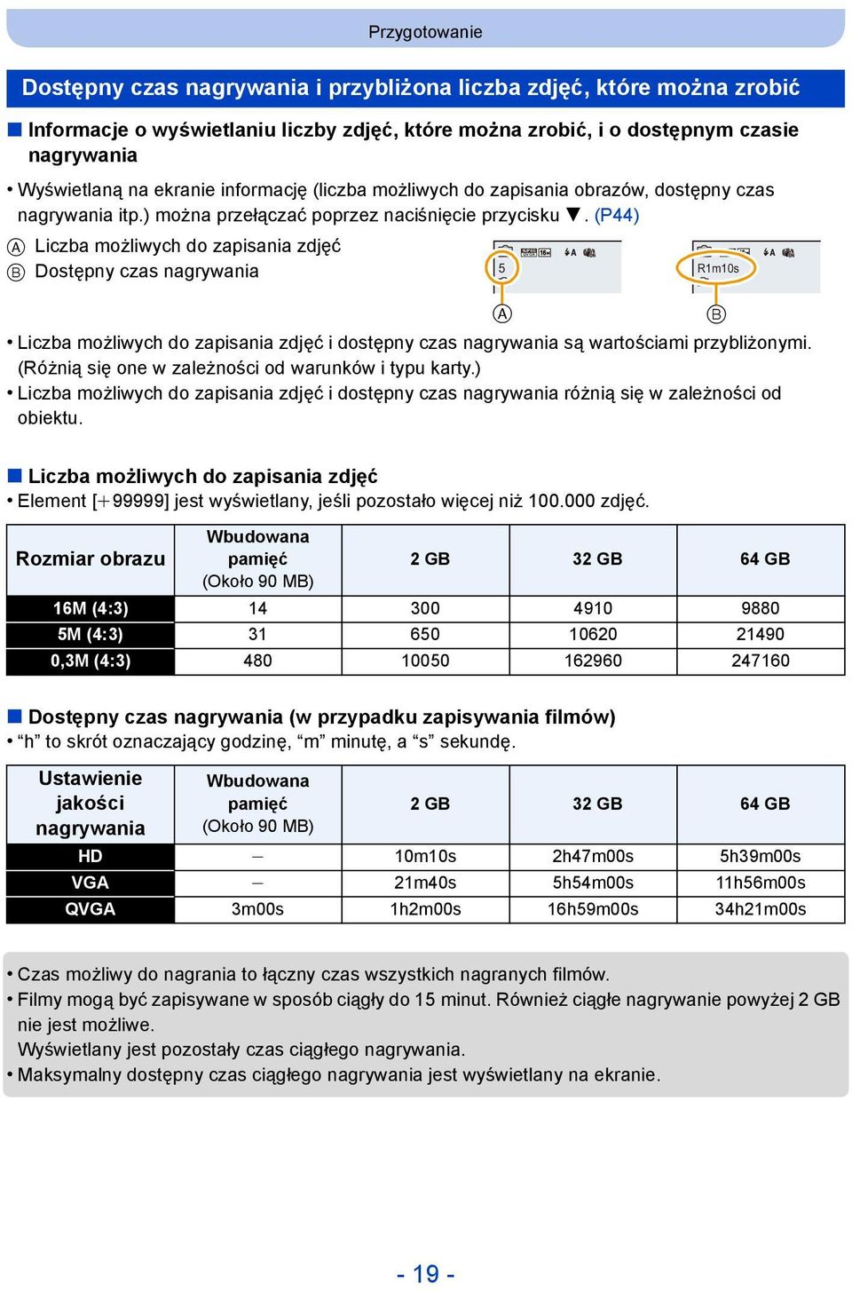 (P44) A Liczba możliwych do zapisania zdjęć B Dostępny czas nagrywania Liczba możliwych do zapisania zdjęć i dostępny czas nagrywania są wartościami przybliżonymi.