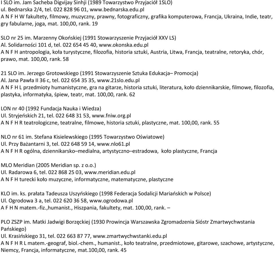 Marzenny Okooskiej (1991 Stowarzyszenie Przyjaciół XXV LS) Al. Solidarności 101 d, tel. 022 654 45 40, www.okonska.edu.