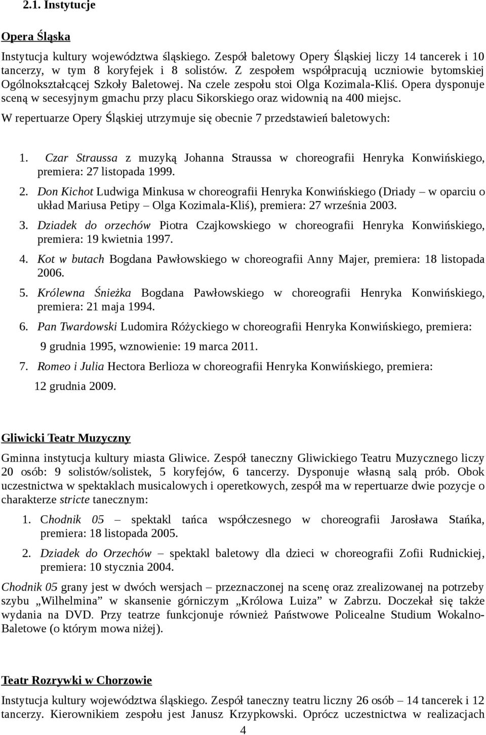 Opera dysponuje sceną w secesyjnym gmachu przy placu Sikorskiego oraz widownią na 400 miejsc. W repertuarze Opery Śląskiej utrzymuje się obecnie 7 przedstawień baletowych: 1.