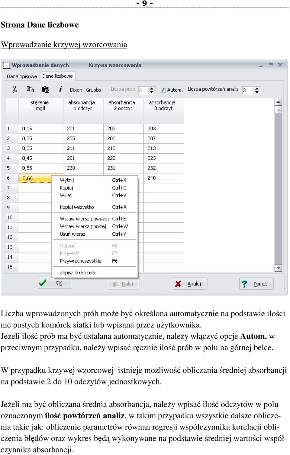 W przypadku krzywej wzorcowej istnieje moŝliwość obliczania średniej absorbancji na podstawie 2 do 10 odczytów jednostkowych.