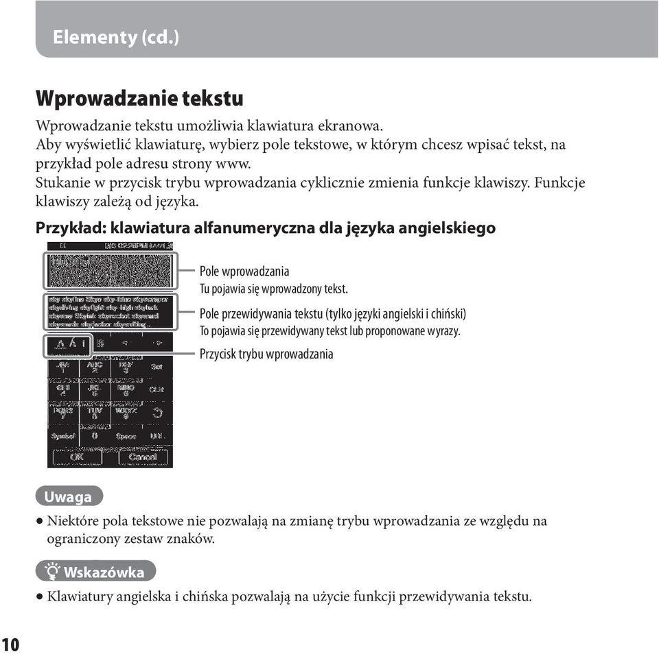 Funkcje klawiszy zależą od języka. Przykład: klawiatura alfanumeryczna dla języka angielskiego Pole wprowadzania Tu pojawia się wprowadzony tekst.