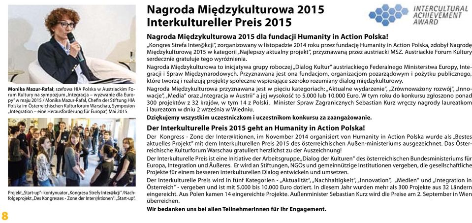 Inter@ktionen : Start-up. Nagroda Międzykulturowa 2015 Interkultureller Preis 2015 Nagroda Międzykulturowa 2015 dla fundacji Humanity in Action Polska!