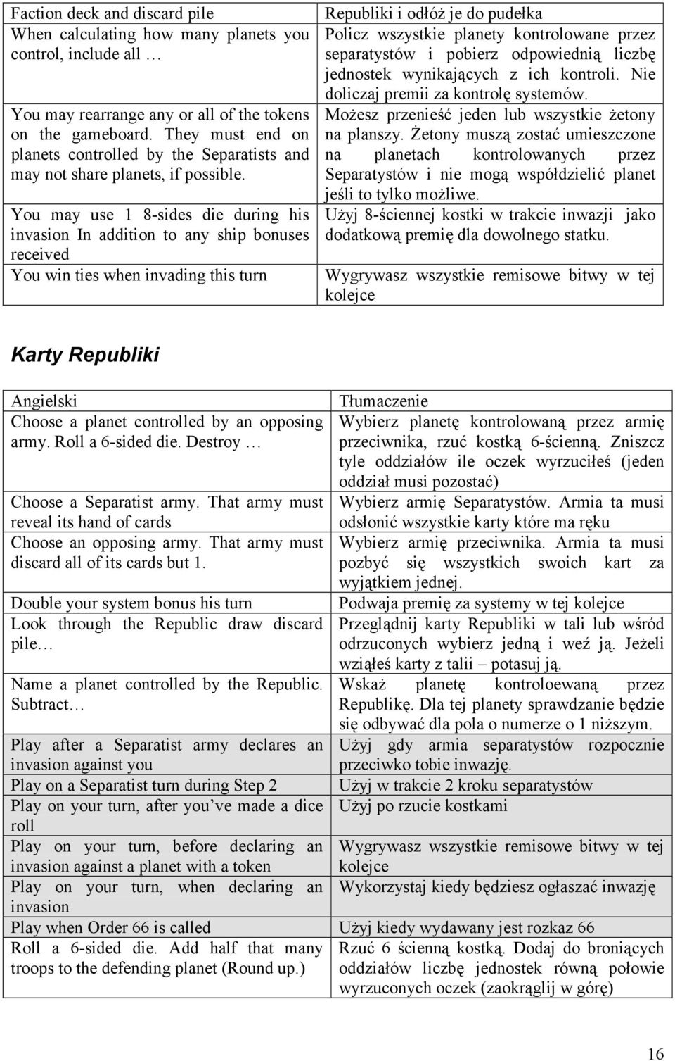 You may use 1 8-sides die during his invasion In addition to any ship bonuses received You win ties when invading this turn Republiki i odłóż je do pudełka Policz wszystkie planety kontrolowane przez