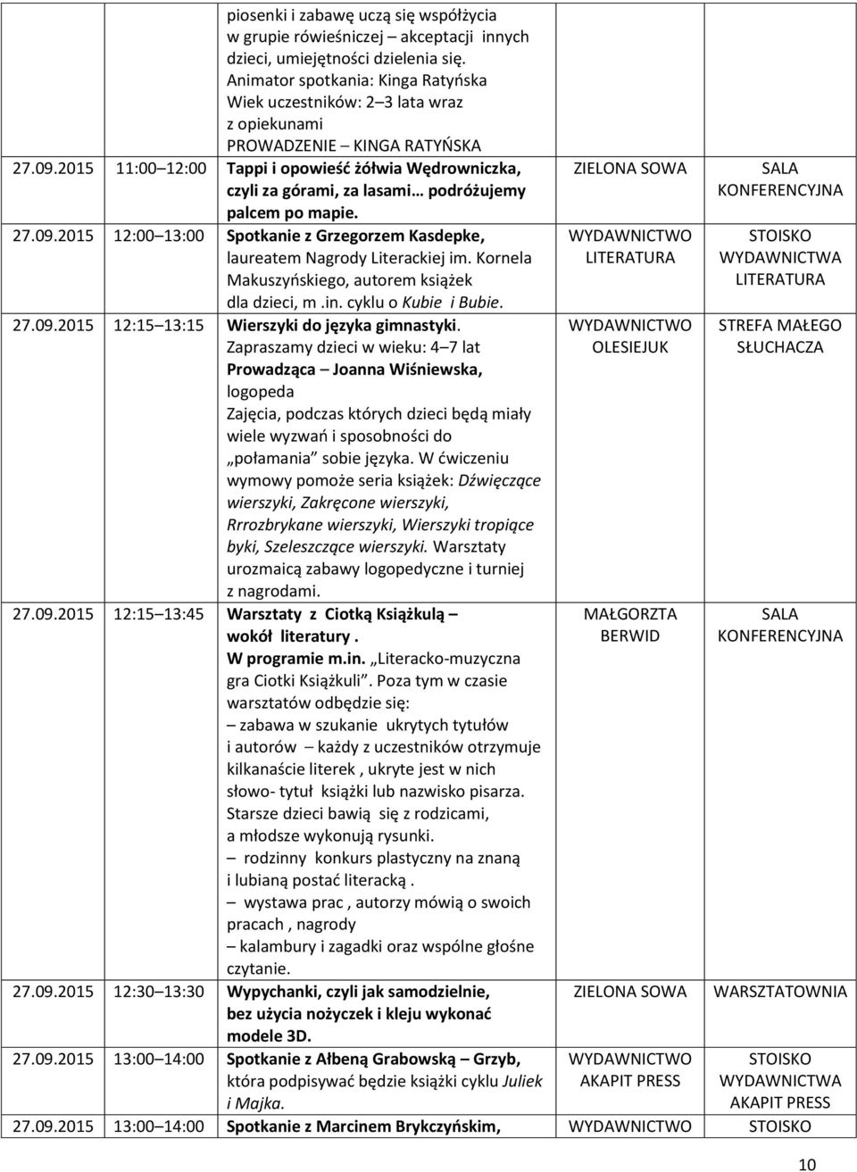 2015 11:00 12:00 Tappi i opowieść żółwia Wędrowniczka, czyli za górami, za lasami podróżujemy palcem po mapie. 27.09.2015 12:00 13:00 Spotkanie z Grzegorzem Kasdepke, laureatem Nagrody Literackiej im.