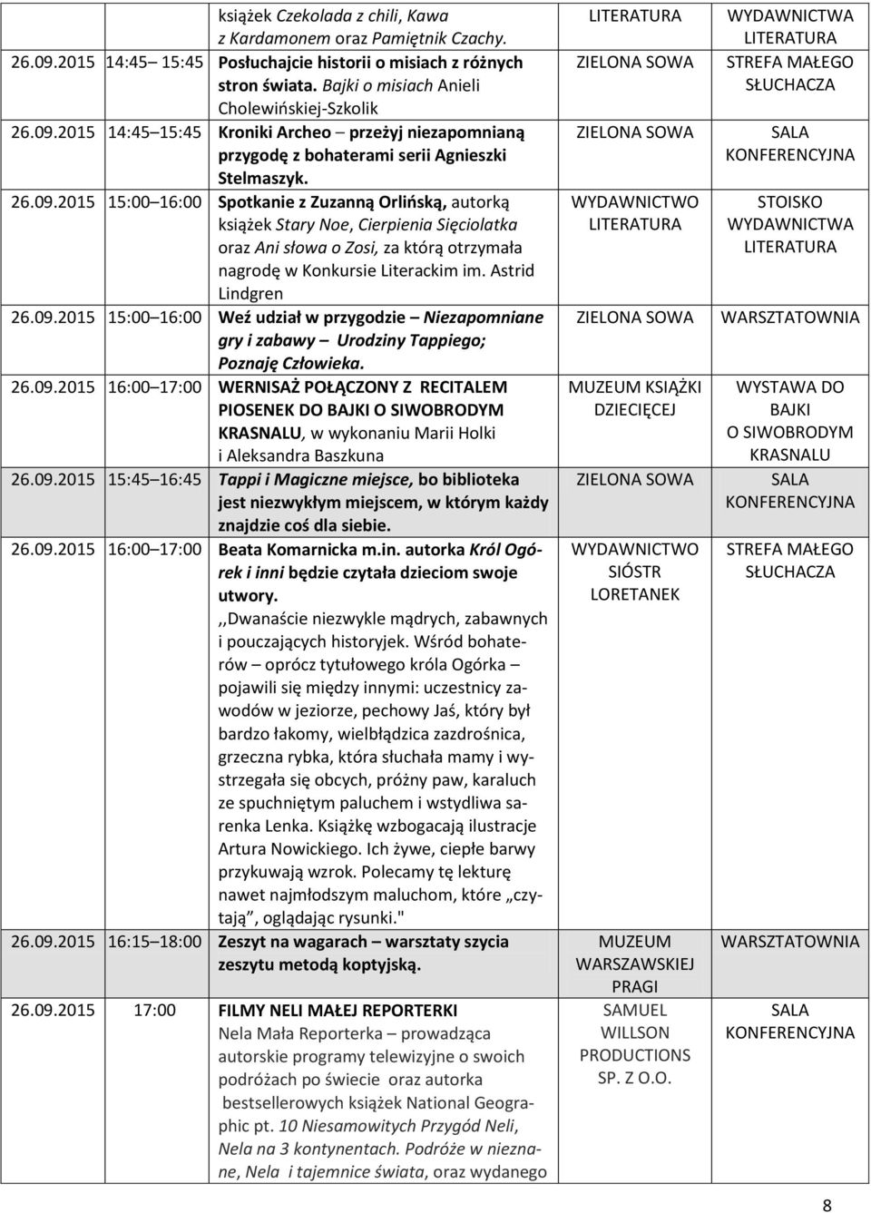 09.2015 15:00 16:00 Weź udział w przygodzie Niezapomniane gry i zabawy Urodziny Tappiego; Poznaję Człowieka. 26.09.2015 16:00 17:00 WERNISAŻ POŁĄCZONY Z RECITALEM PIOSENEK DO BAJKI O SIWOBRODYM KRASNALU, w wykonaniu Marii Holki i Aleksandra Baszkuna 26.