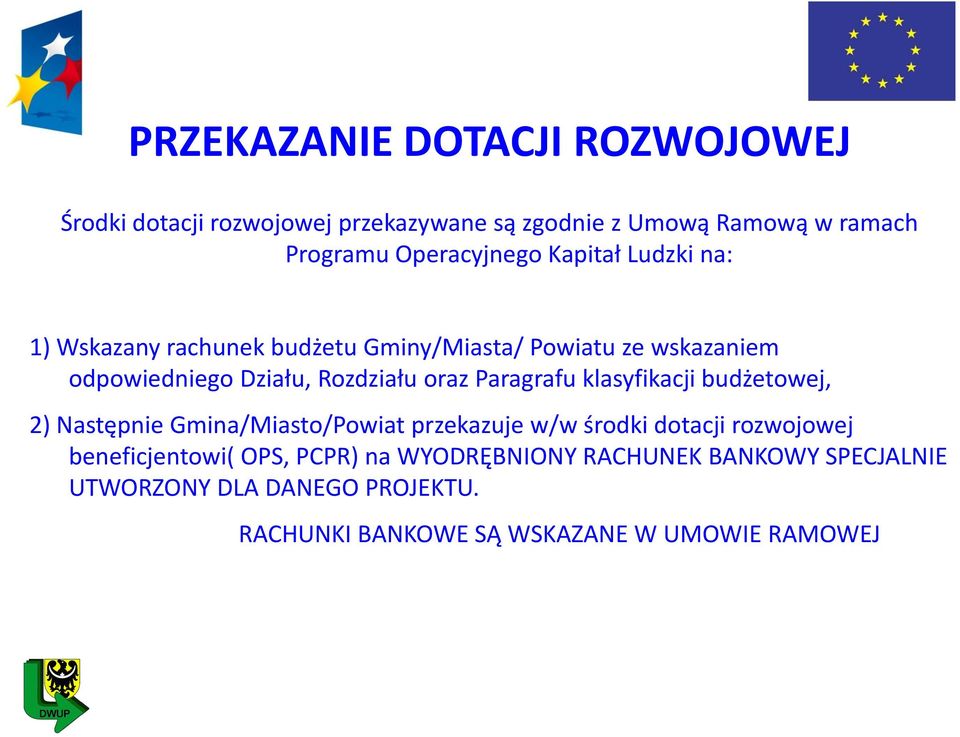 Rozdziału oraz Paragrafu klasyfikacji budżetowej, 2) Następnie Gmina/Miasto/Powiat przekazuje w/w środki dotacji rozwojowej