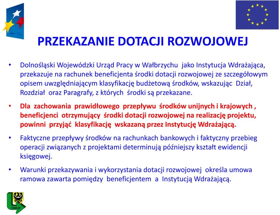 Dla zachowania prawidłowego przepływu środków unijnych i krajowych, beneficjenci otrzymujący środki dotacji rozwojowej na realizację projektu, powinni przyjąd klasyfikację wskazaną przez Instytucję