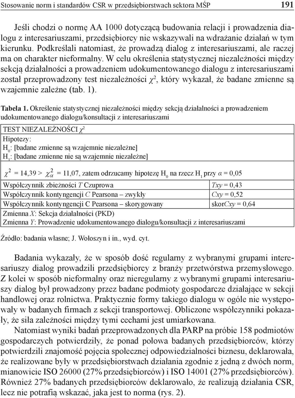 W celu określenia statystycznej niezależności między sekcją działalności a prowadzeniem udokumentowanego dialogu z interesariuszami został przeprowadzony test niezależności χ 2, który wykazał, że