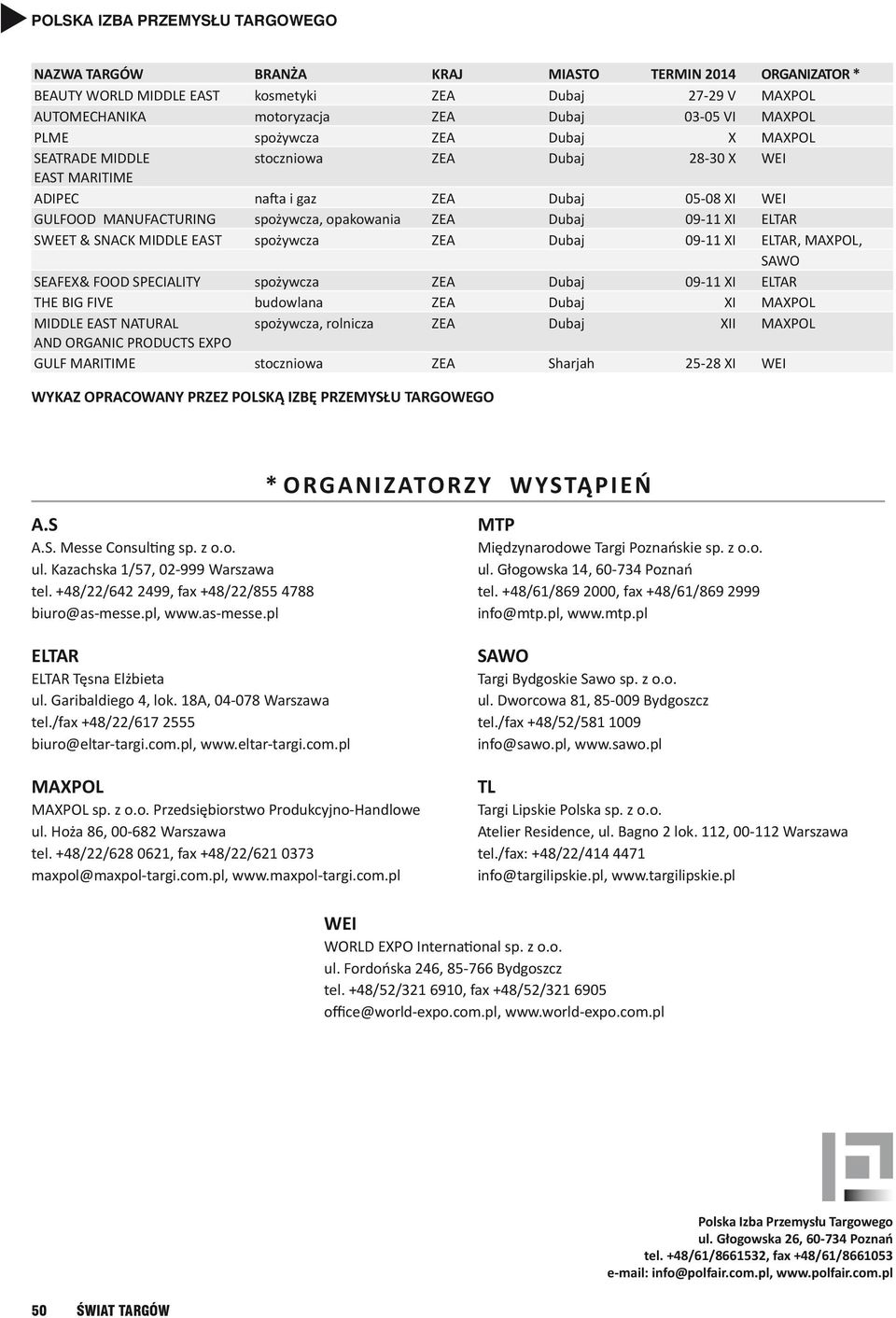 SEAFEX& FOOD SPECIALITY spożywcza ZEA Dubaj 09-11 XI ELTAR THE BIG FIVE budowlana ZEA Dubaj XI MAXPOL MIDDLE EAST NATURAL spożywcza, rolnicza ZEA Dubaj XII MAXPOL AND ORGANIC PRODUCTS EXPO GULF