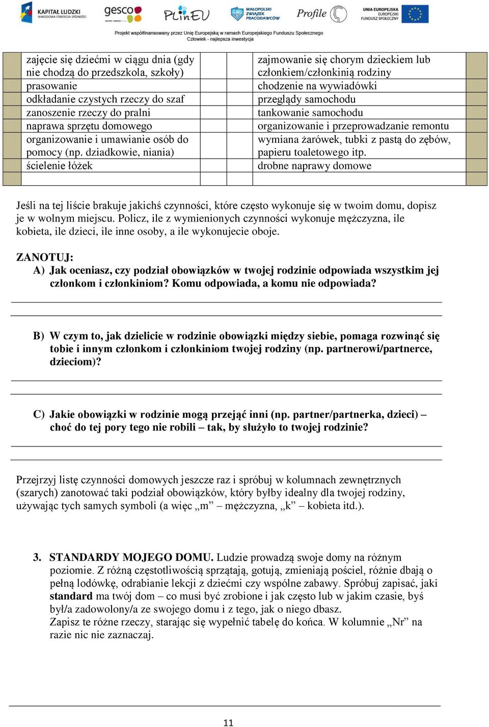 dziadkowie, niania) ścielenie łóżek zajmowanie się chorym dzieckiem lub członkiem/członkinią rodziny chodzenie na wywiadówki przeglądy samochodu tankowanie samochodu organizowanie i przeprowadzanie