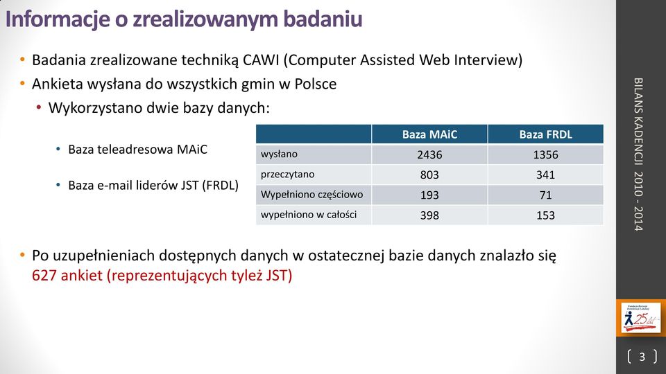 (FRDL) Baza MAiC Baza FRDL wysłano 2436 1356 przeczytano 803 341 Wypełniono częściowo 193 71 wypełniono w całości