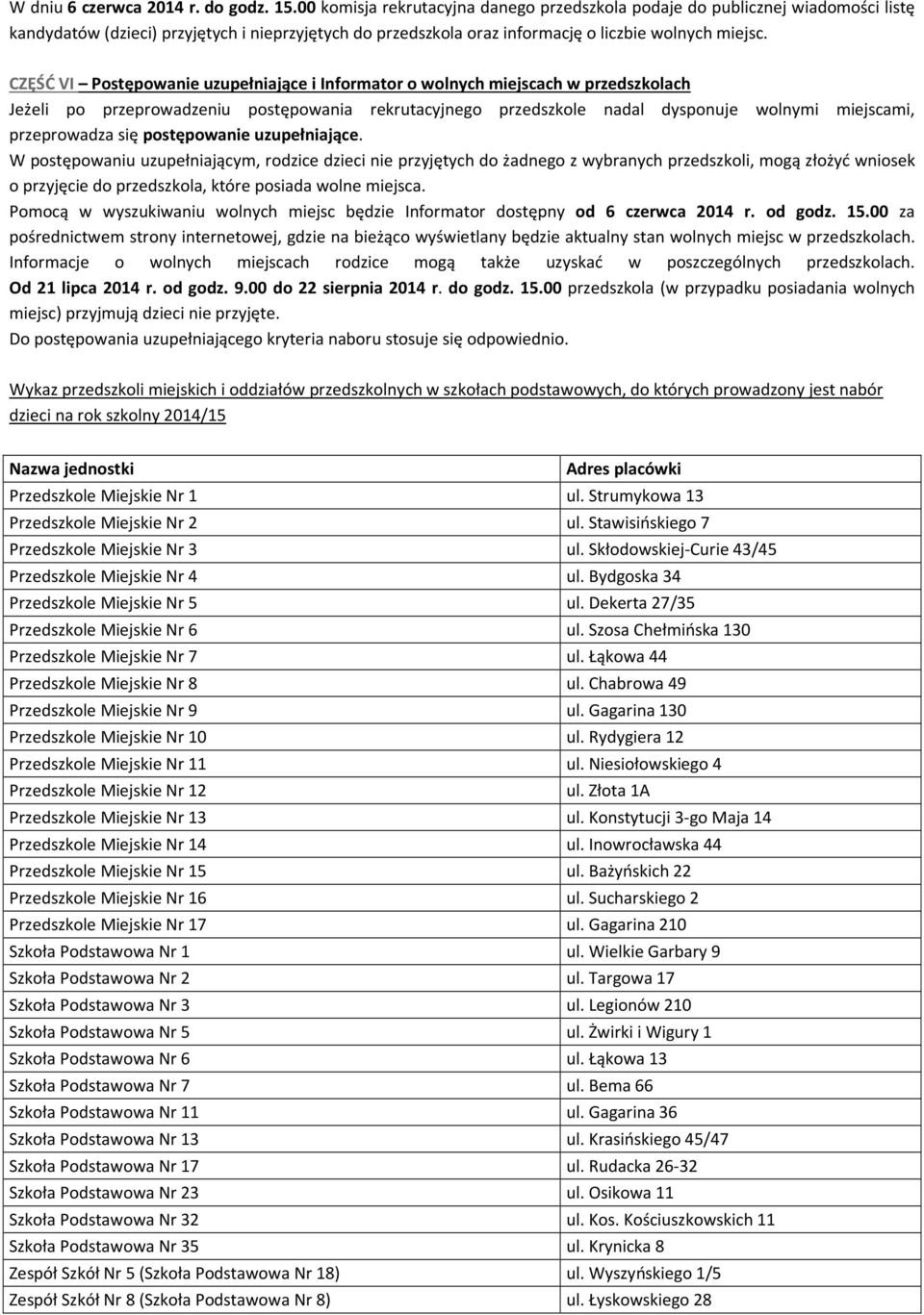 CZĘŚĆ VI Postępowanie uzupełniające i Informator o wolnych miejscach w przedszkolach Jeżeli po przeprowadzeniu postępowania rekrutacyjnego przedszkole nadal dysponuje wolnymi miejscami, przeprowadza