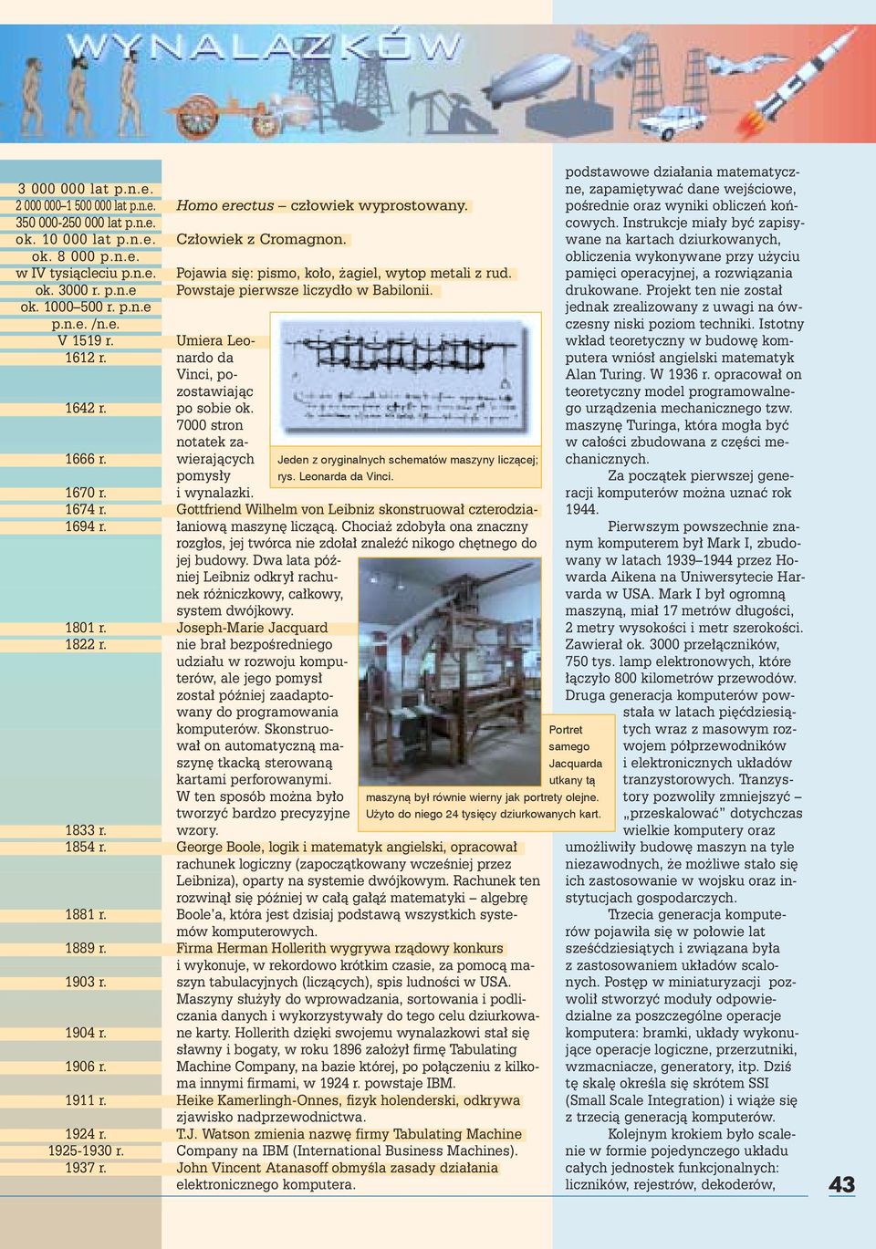 Cz³owiek z Cromagnon. Pojawia siê: pismo, ko³o, agiel, wytop metali z rud. Powstaje pierwsze liczyd³o w Babilonii. Umiera Leonardo da Vinci, pozostawiaj¹c po sobie ok.