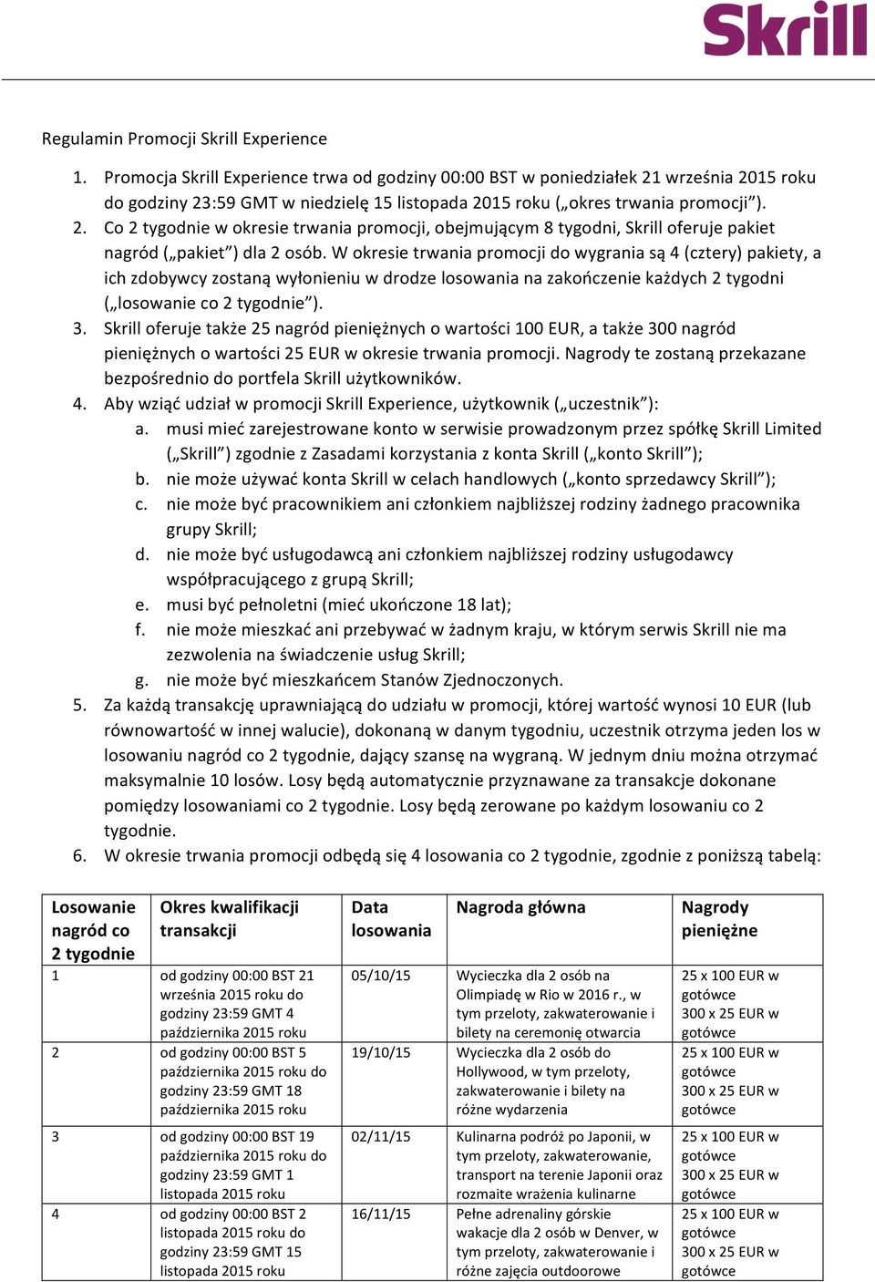 W okresie trwania promocji do wygrania są 4 (cztery) pakiety, a ich zdobywcy zostaną wyłonieniu w drodze losowania na zakończenie każdych 2 tygodni ( losowanie co 2 tygodnie ). 3.