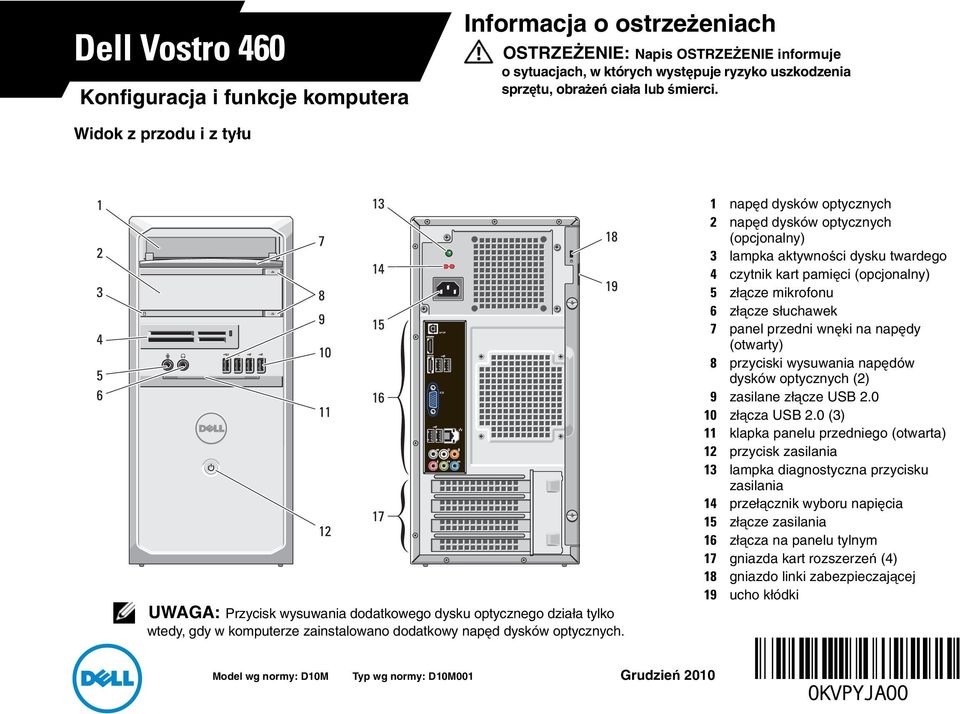 1 napęd dysków optycznych 2 napęd dysków optycznych (opcjonalny) 3 lampka aktywności dysku twardego 4 czytnik kart pamięci (opcjonalny) 5 złącze mikrofonu 6 złącze słuchawek 7 panel przedni wnęki na