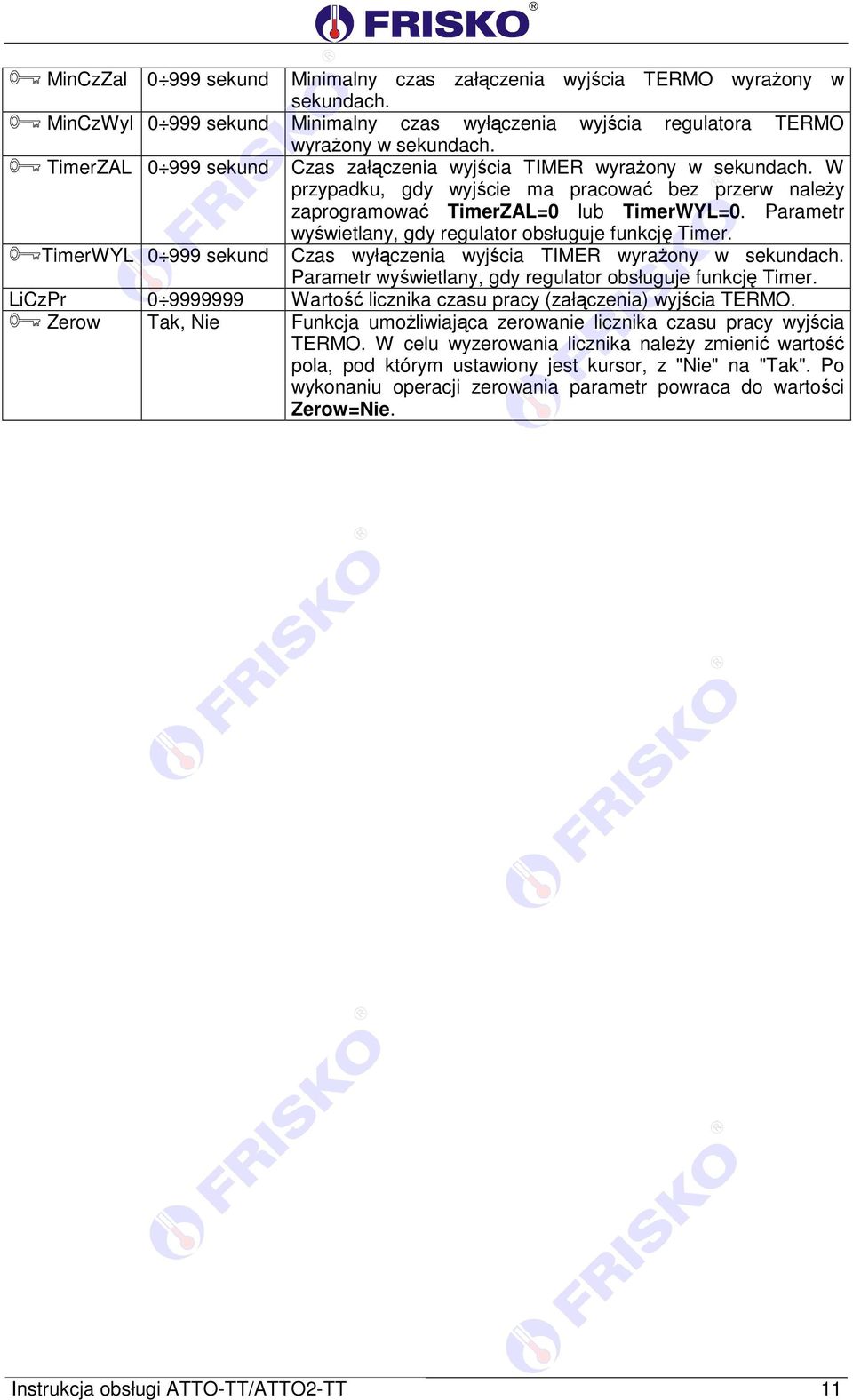 Parametr TimerWYL 0 999 sekund wyświetlany, gdy regulator obsługuje funkcję Timer. Czas wyłączenia wyjścia TIMER wyrażony w sekundach. Parametr wyświetlany, gdy regulator obsługuje funkcję Timer.