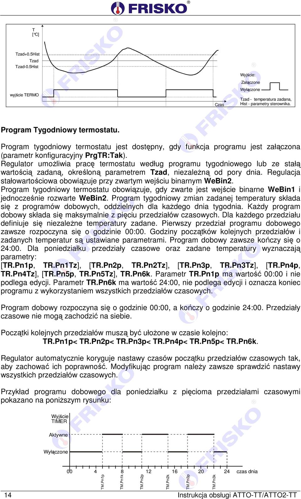 Regulator umożliwia pracę termostatu według programu tygodniowego lub ze stałą wartością zadaną, określoną parametrem Tzad, niezależną od pory dnia.