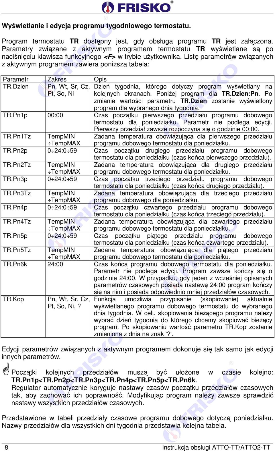 Listę parametrów związanych z aktywnym programem zawiera poniższa tabela: Parametr Zakres Opis TR.