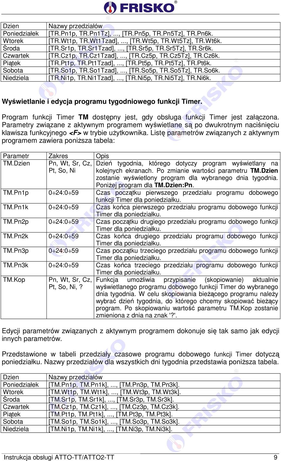 So5Tz], TR.So6k. [TR.Ni1p, TR.Ni1Tzad],..., [TR.Ni5p, TR.Ni5Tz], TR.Ni6k. Wyświetlanie i edycja programu tygodniowego funkcji Timer.