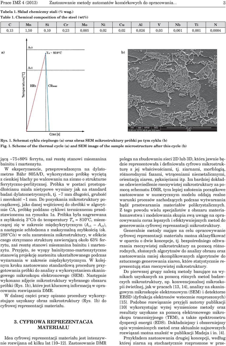 1. Scheme of the thermal cycle (a) and SEM image of the sample microstructure after this cycle (b) j c ~75 80% ferrytu, za reszt stanowi mieszanina bainitu i martenzytu.