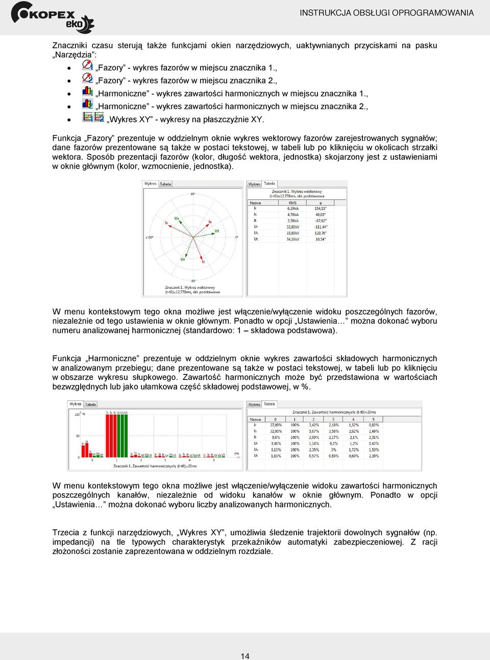 , Harmoniczne wykres zawartości harmonicznych w miejscu znacznika 1., Harmoniczne wykres zawartości harmonicznych w miejscu znacznika 2., Wykres XY wykresy na płaszczyźnie XY.