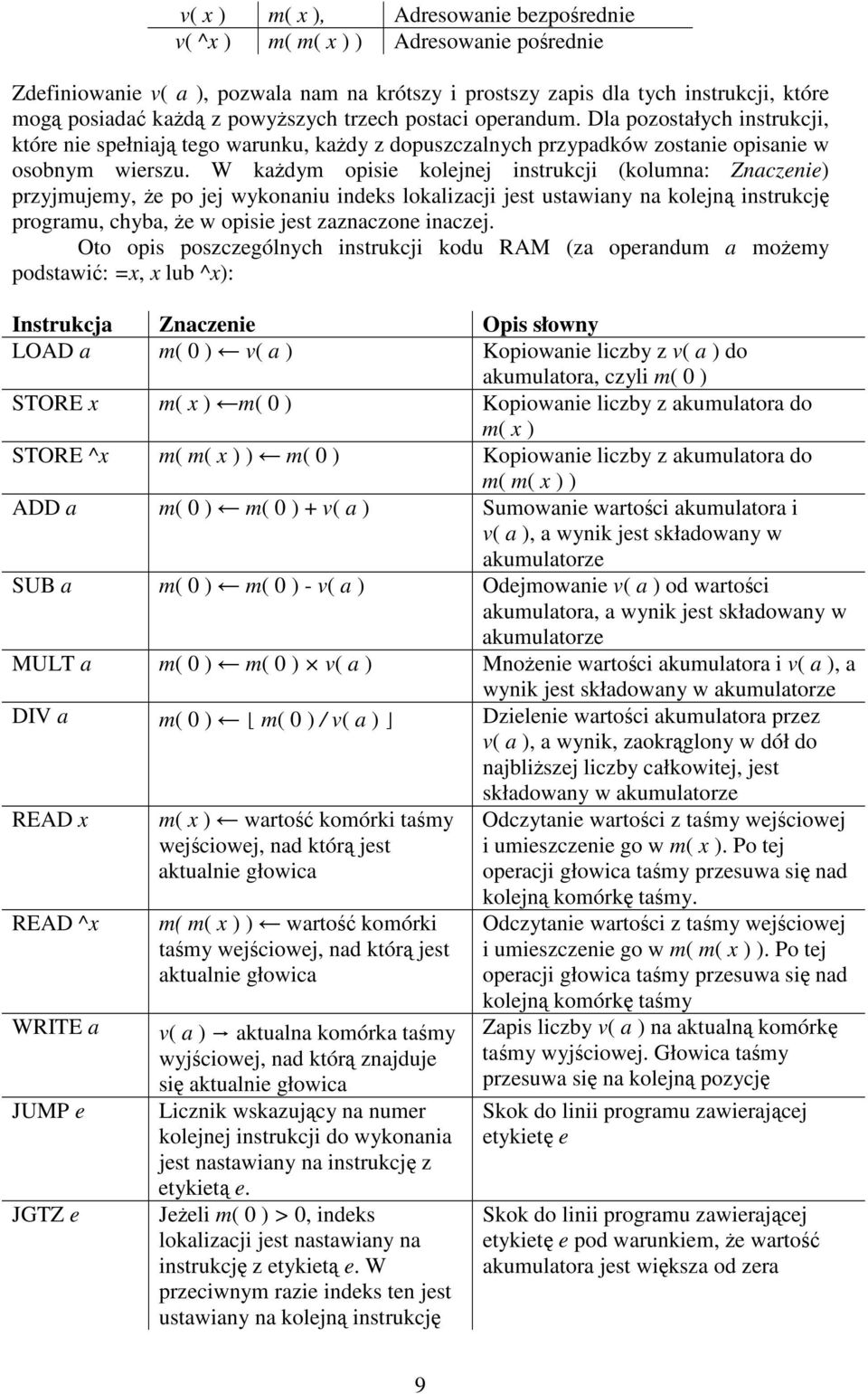 W kadym opisie kolejnej instrukcji (kolumna: Znaczenie) przyjmujemy, e po jej wykonaniu indeks lokalizacji jest ustawiany na kolejn instrukcj programu, chyba, e w opisie jest zaznaczone inaczej.